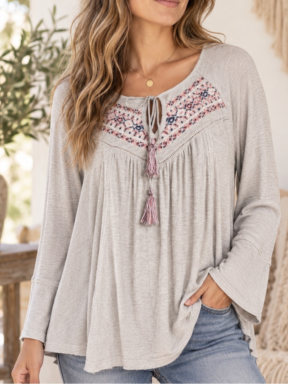 ARTESIA bohemian-style long-sleeve peasant top GREY large d2
